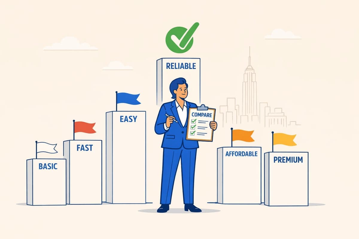 Comparación de servicios de publicación de LLC mostrando una persona evaluando diferentes proveedores según criterios como costo, velocidad y confiabilidad