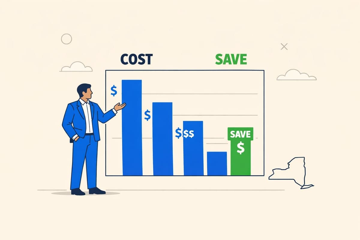 Gráfico de comparación de costos mostrando variaciones de precios entre diferentes servicios de publicación con ahorros potenciales destacados