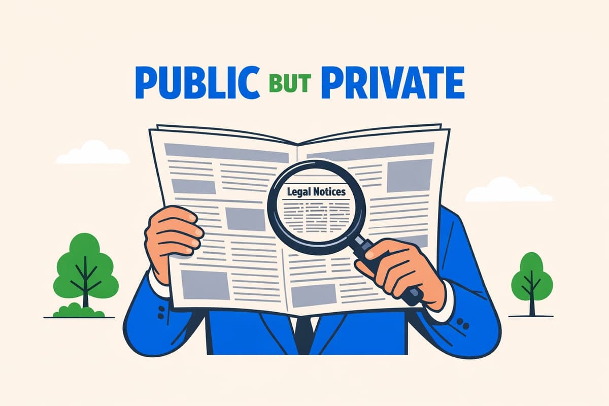 Newspaper legal notices section with magnifying glass showing LLC publication notice that contains only public information