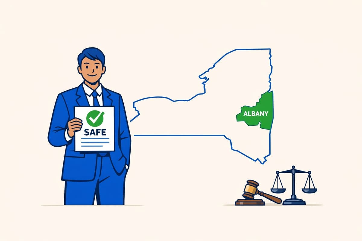 Business owner reviewing Albany County LLC publication strategy with legal documents and NY state map