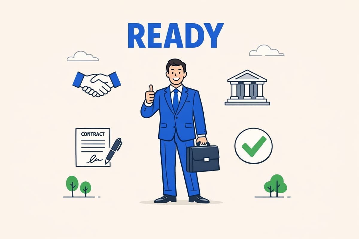 Business owner ready to operate on day one — signing contracts, banking, and hiring while publication runs in the background