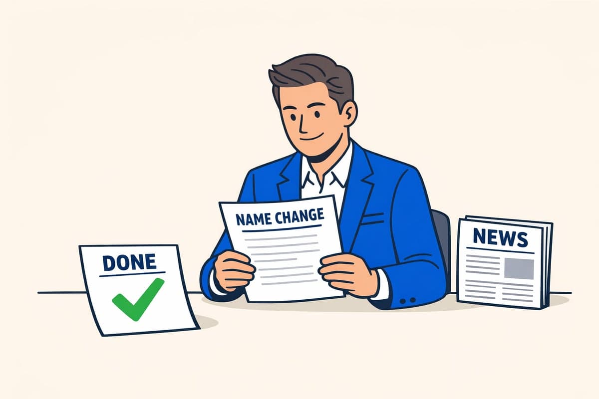 New York LLC name change and publication requirement — Certificate of Amendment form with newspaper in background