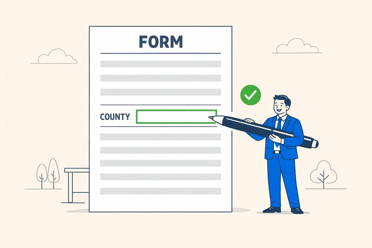 A person in a blue suit holds a large pen beside an oversized form, ready to write in its empty county field