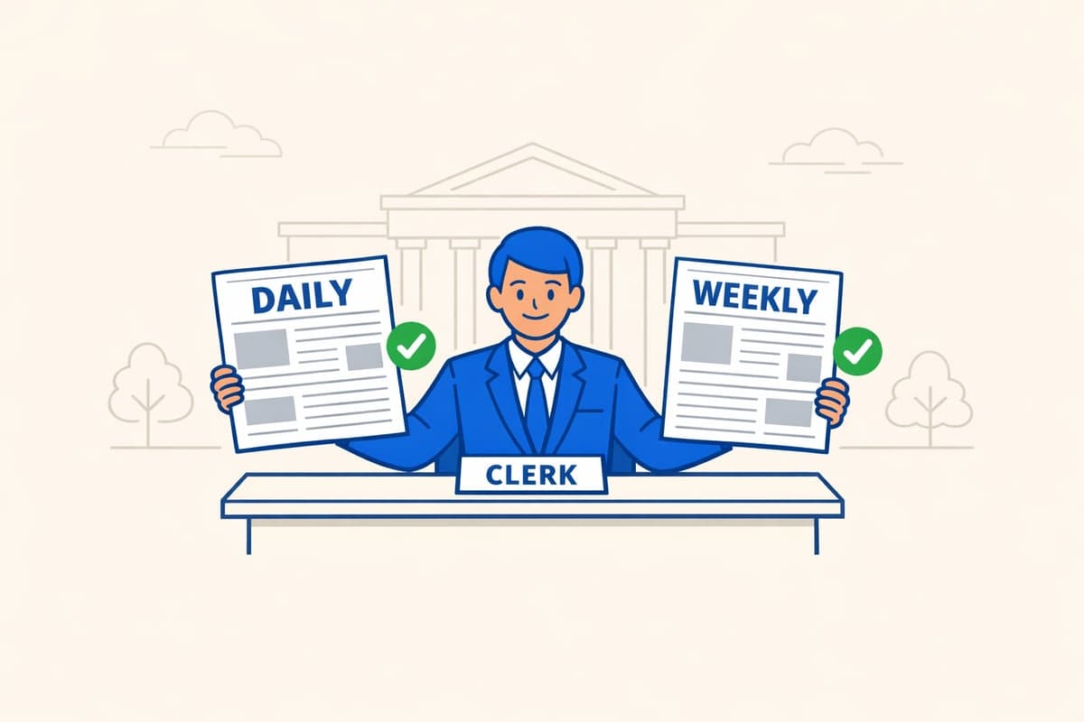 A county clerk at a desk holds up two newspapers, one labeled daily and one labeled weekly