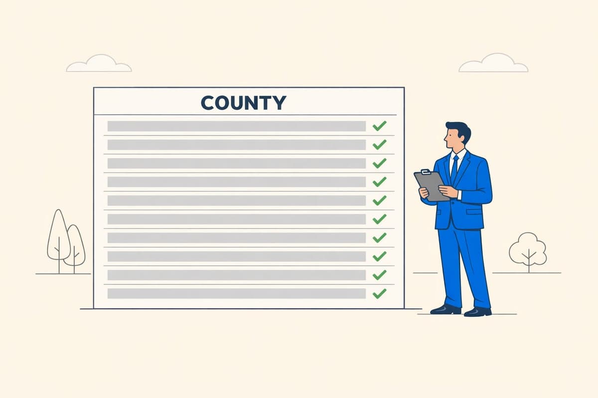 A person in a blue suit with a clipboard looks over a large table of New York counties