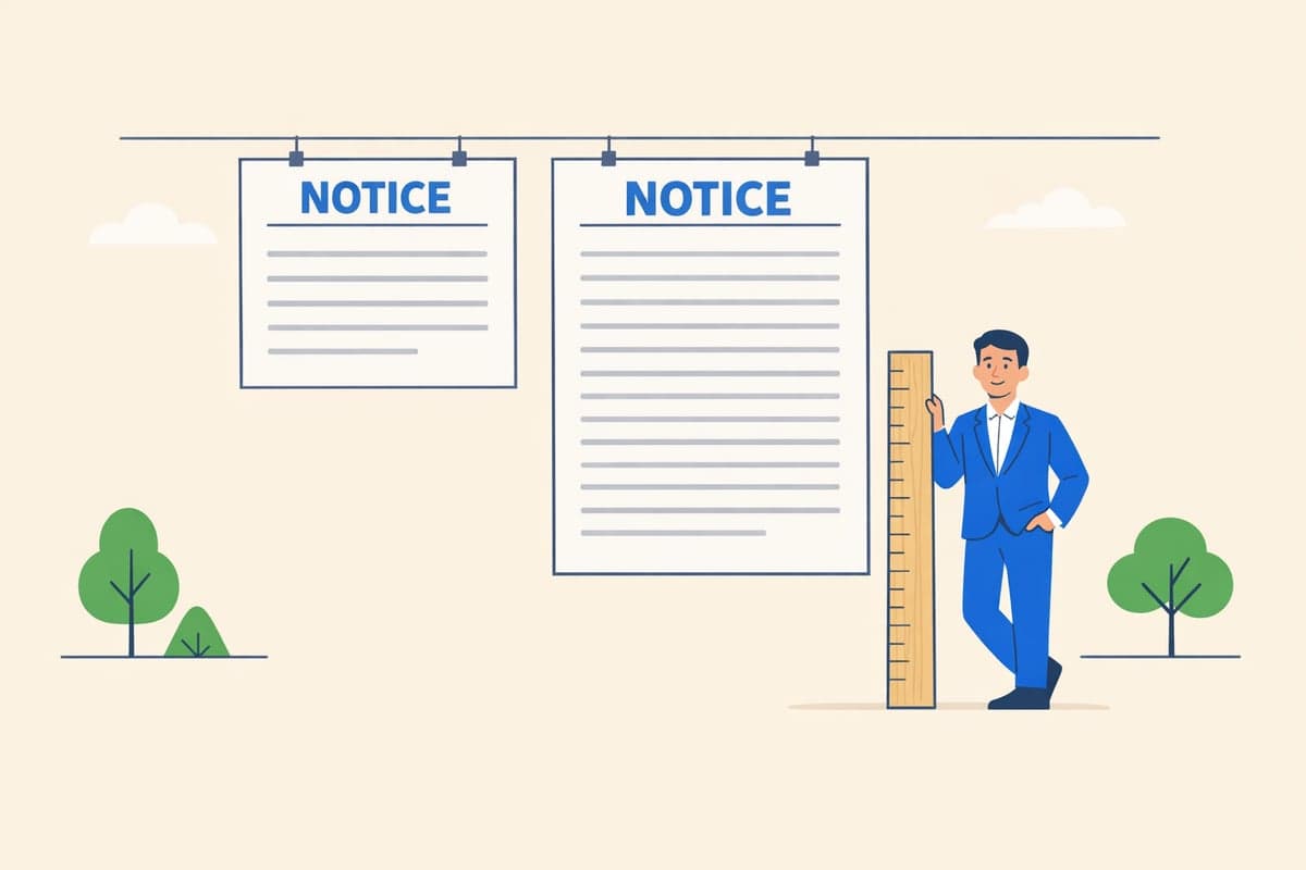 Two newspaper notices hang side by side, the second one longer, with a person in a blue suit standing beside a ruler