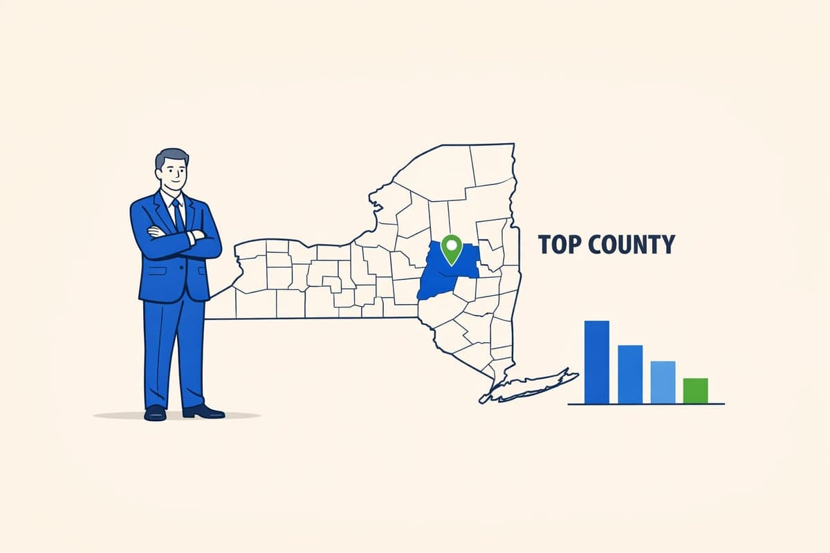 Map of New York highlighting the county where most Delaware LLCs are registered