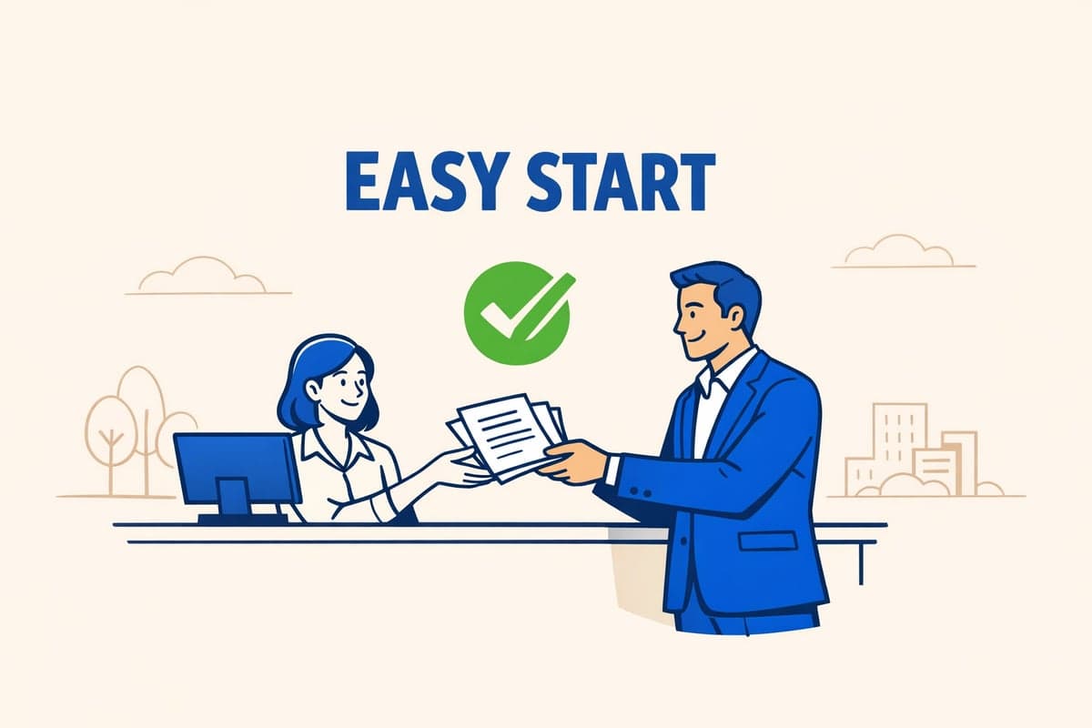 Propietario de negocio en un banco entregando documentos de formación de LLC con una marca de verificación verde