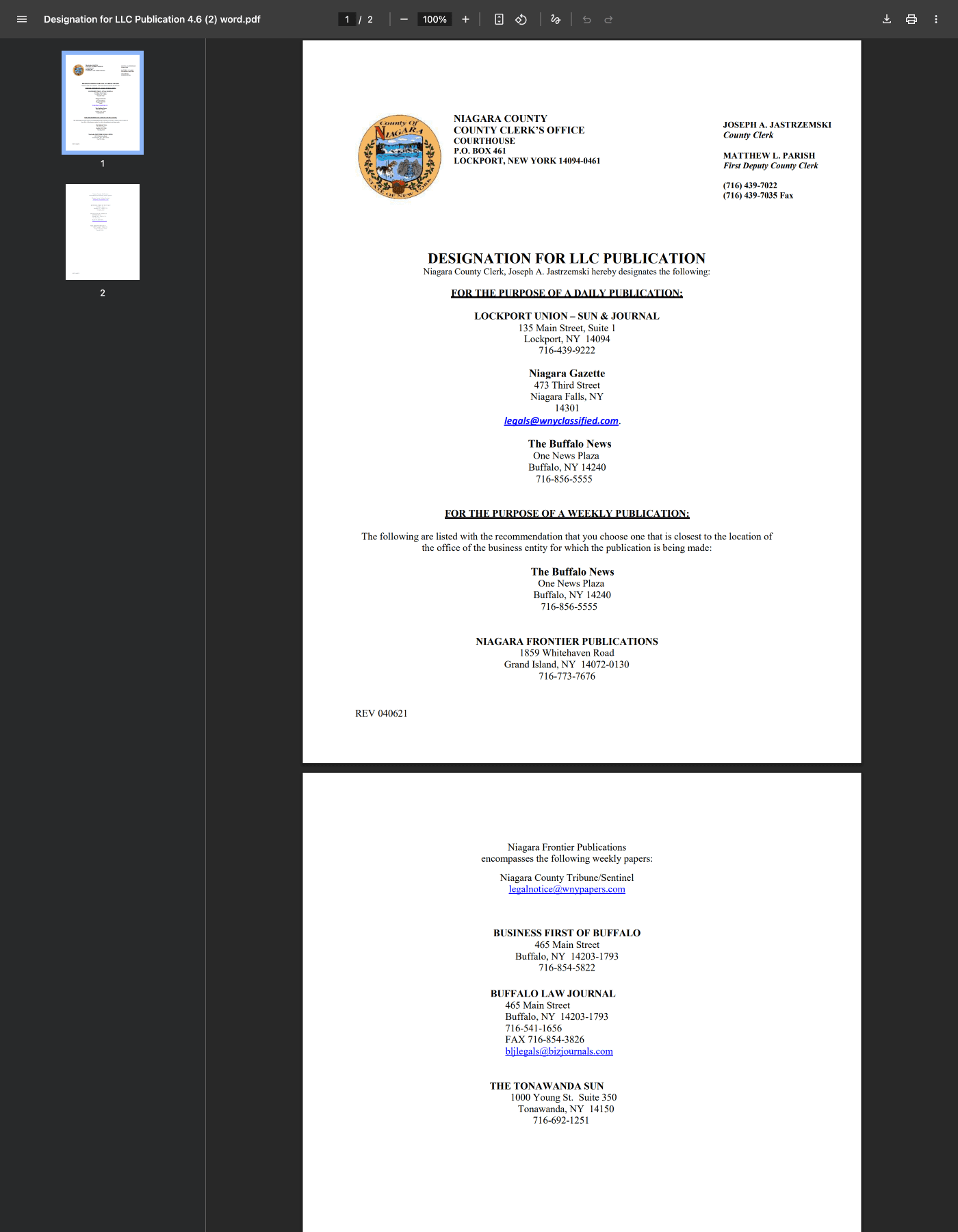 Niagara County Clerk's Designation for LLC Publication PDF showing 'recommendation' language for weekly publication