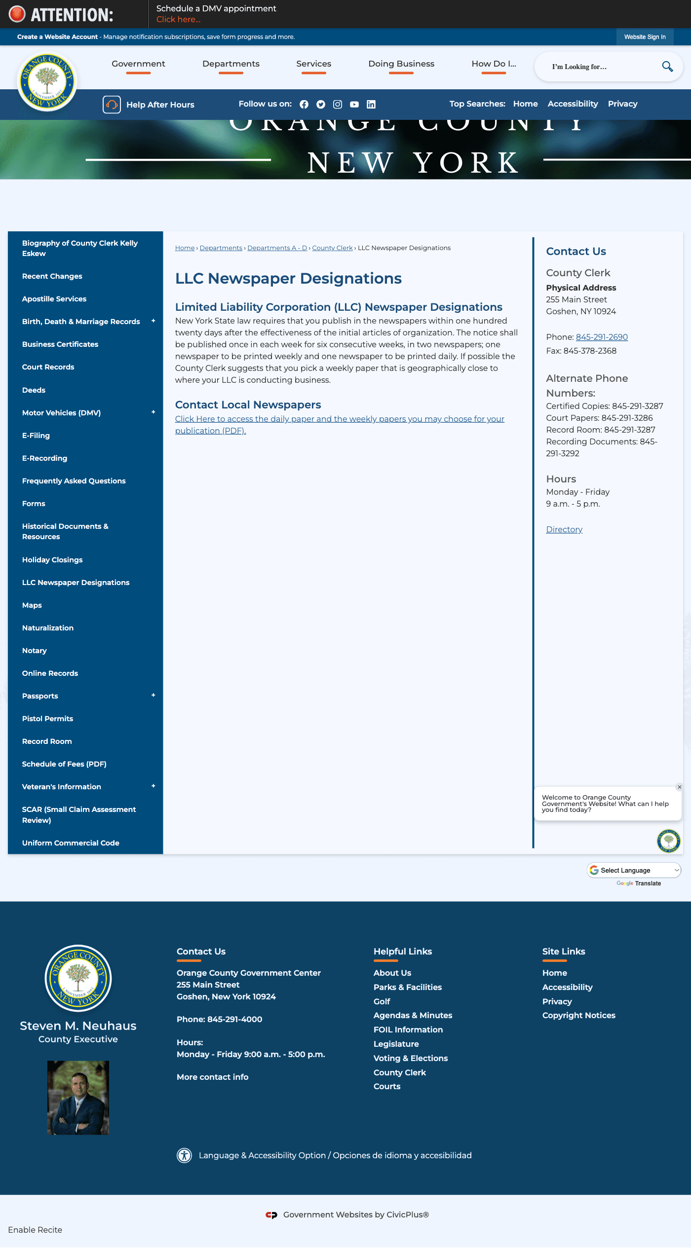 Orange County Clerk webpage showing 'suggests' language for geographically close weekly paper selection
