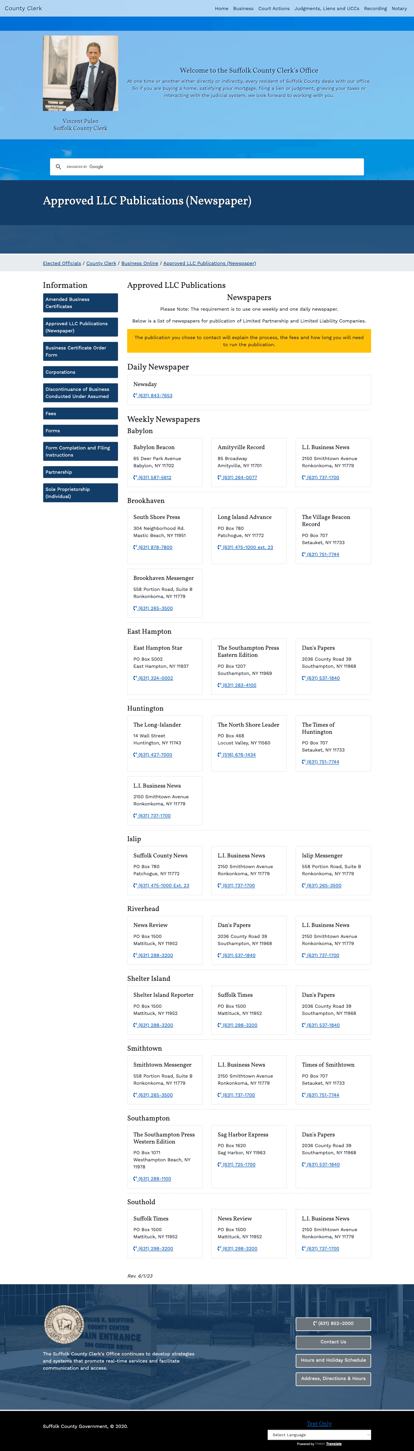 Suffolk County Clerk page showing weekly newspapers grouped by town with header stating 'The requirement is to use one weekly and one daily newspaper'