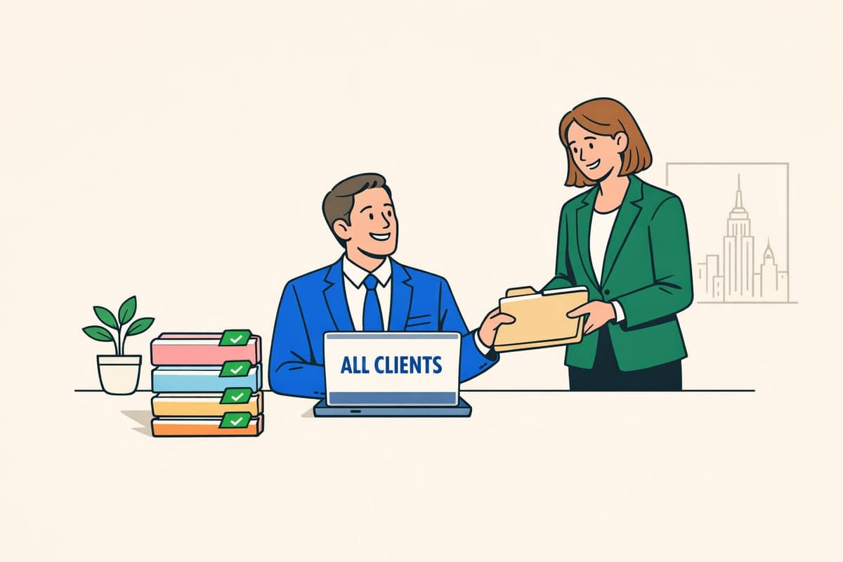 An accountant and an attorney handing over client folders, each marked complete