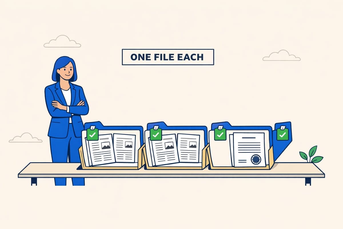 Separate client folders on a table, each with its own papers and a green checkmark, under a sign reading One File Each