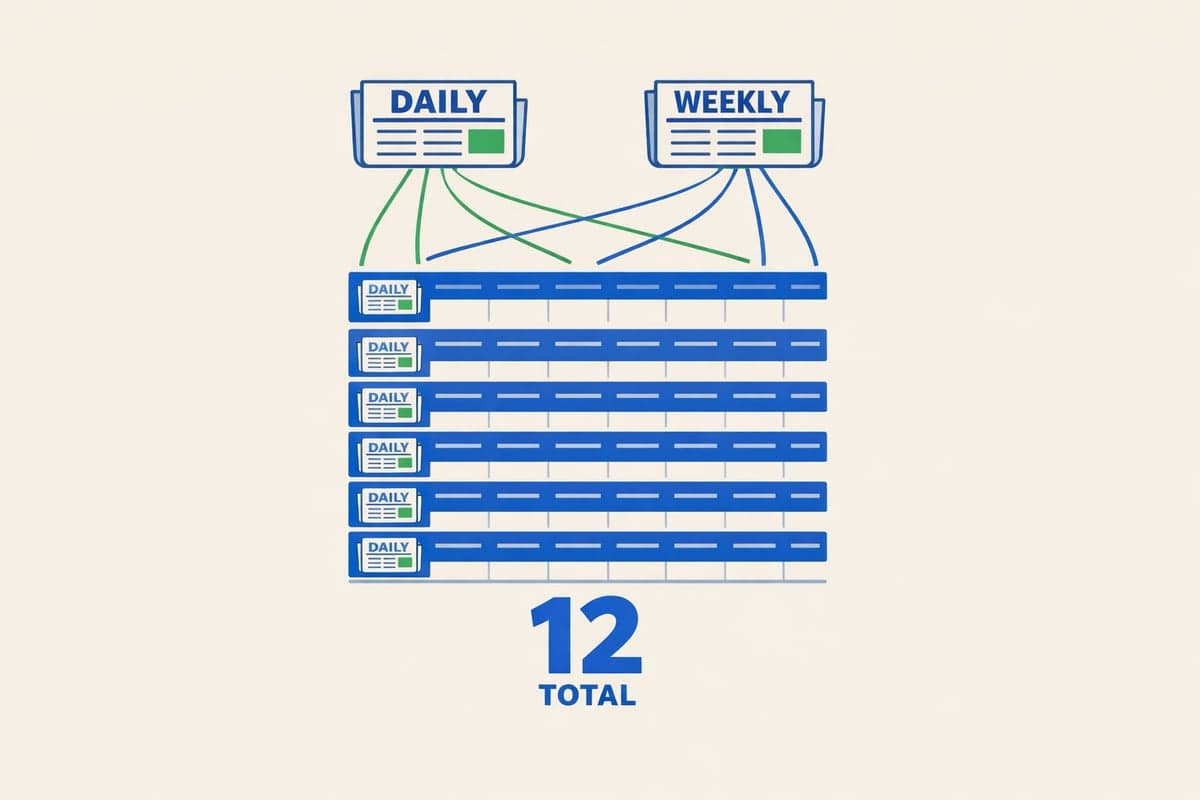 Calendario mostrando seis semanas consecutivas de publicación de LLC con una inserción por semana en dos periódicos