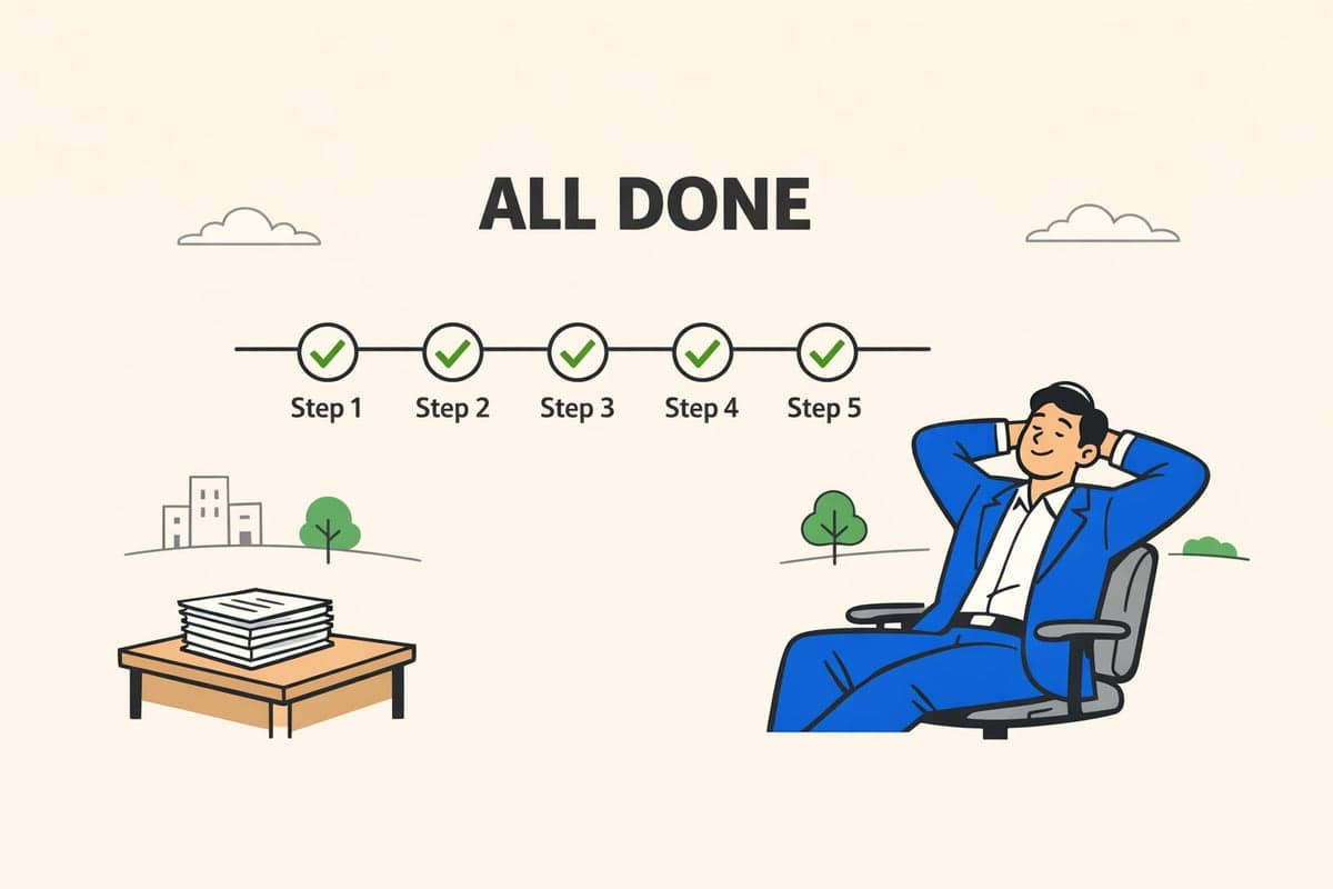 Los cinco pasos del proceso de cambio de condado completados con marcas de verificación verdes