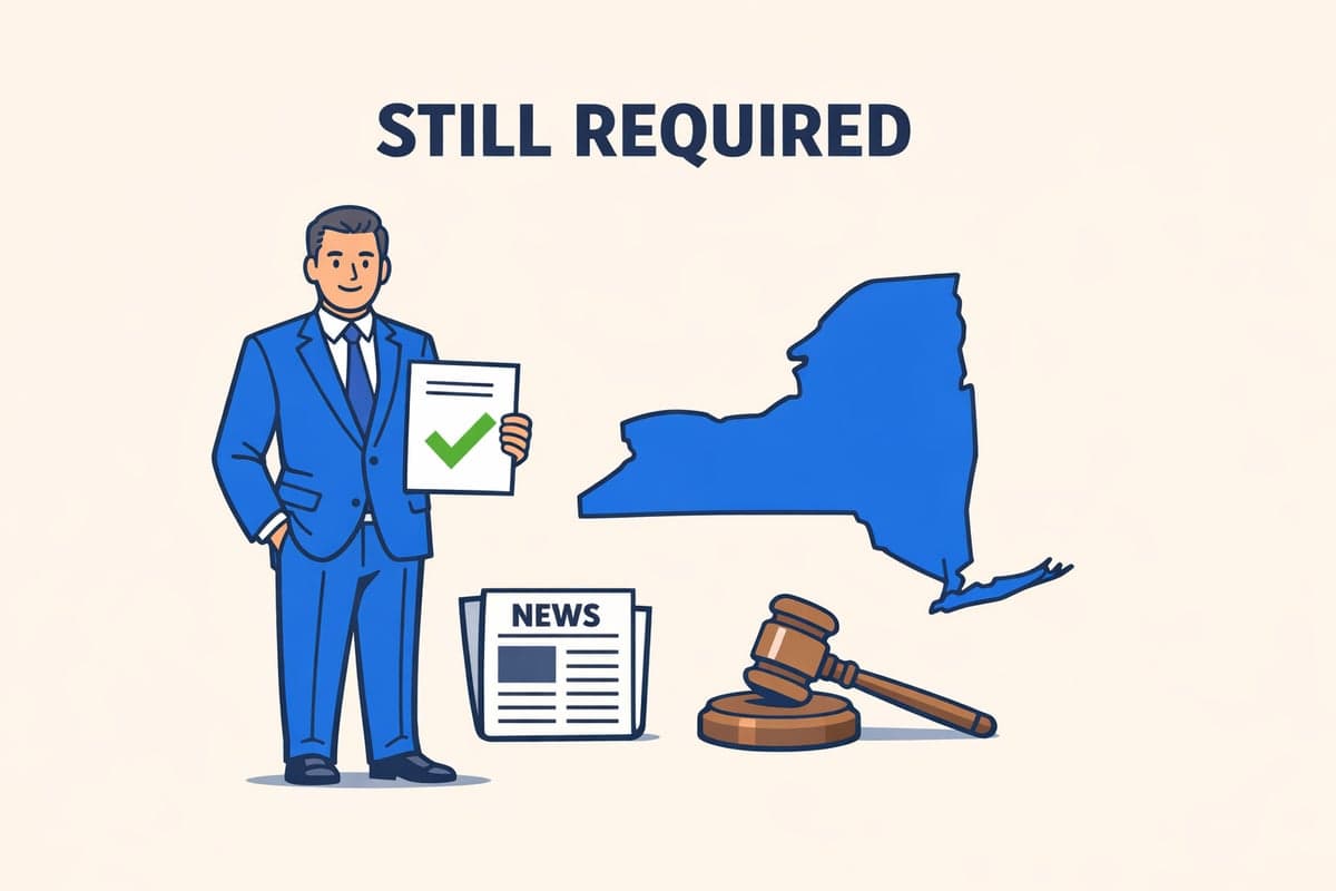 NY LLC publication requirement enforcement - business owner with legal documents showing the requirement is still active in 2026