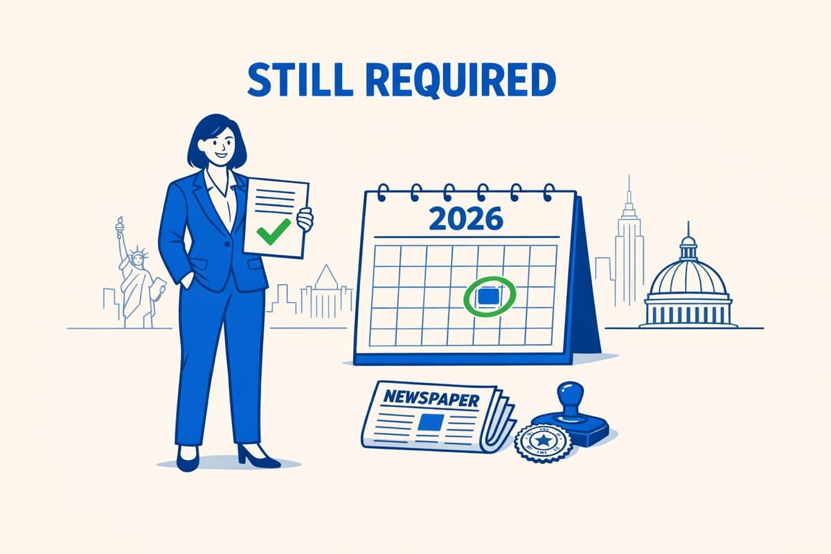 New York LLC publication requirement in 2026 - professional holding legal document with checkmark, 2026 calendar, newspaper, and NY landmarks