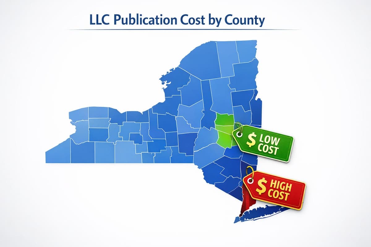 Comparacion de costos de publicacion de LLC en Nueva York por condado mostrando precios desde $395 en Albany hasta $1,795 en Manhattan en los 62 condados