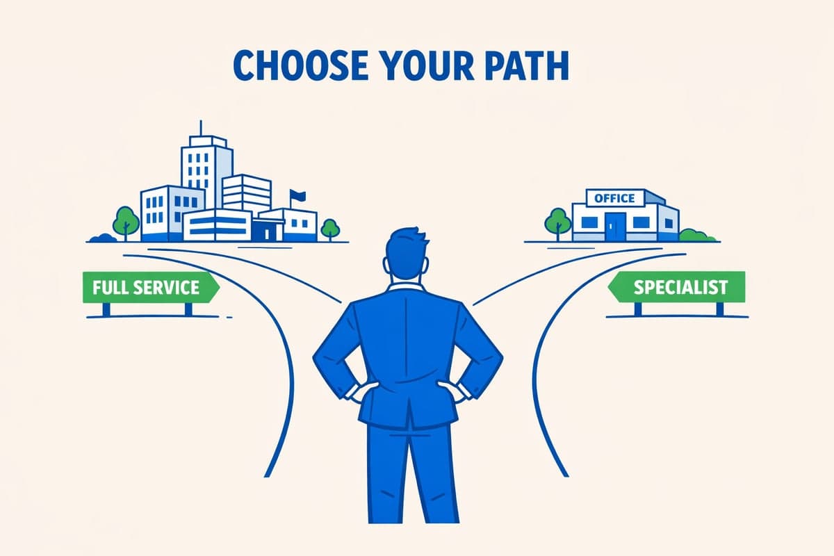 Business owner choosing between full-service provider path and specialist path for LLC publication