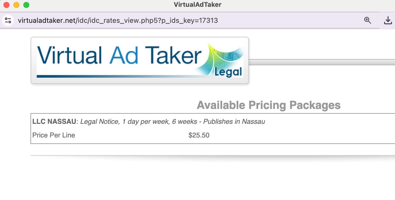 Precios de Virtual Ad Taker de Newsday para el Condado de Nassau mostrando $25.50 por línea para el paquete LLC NASSAU