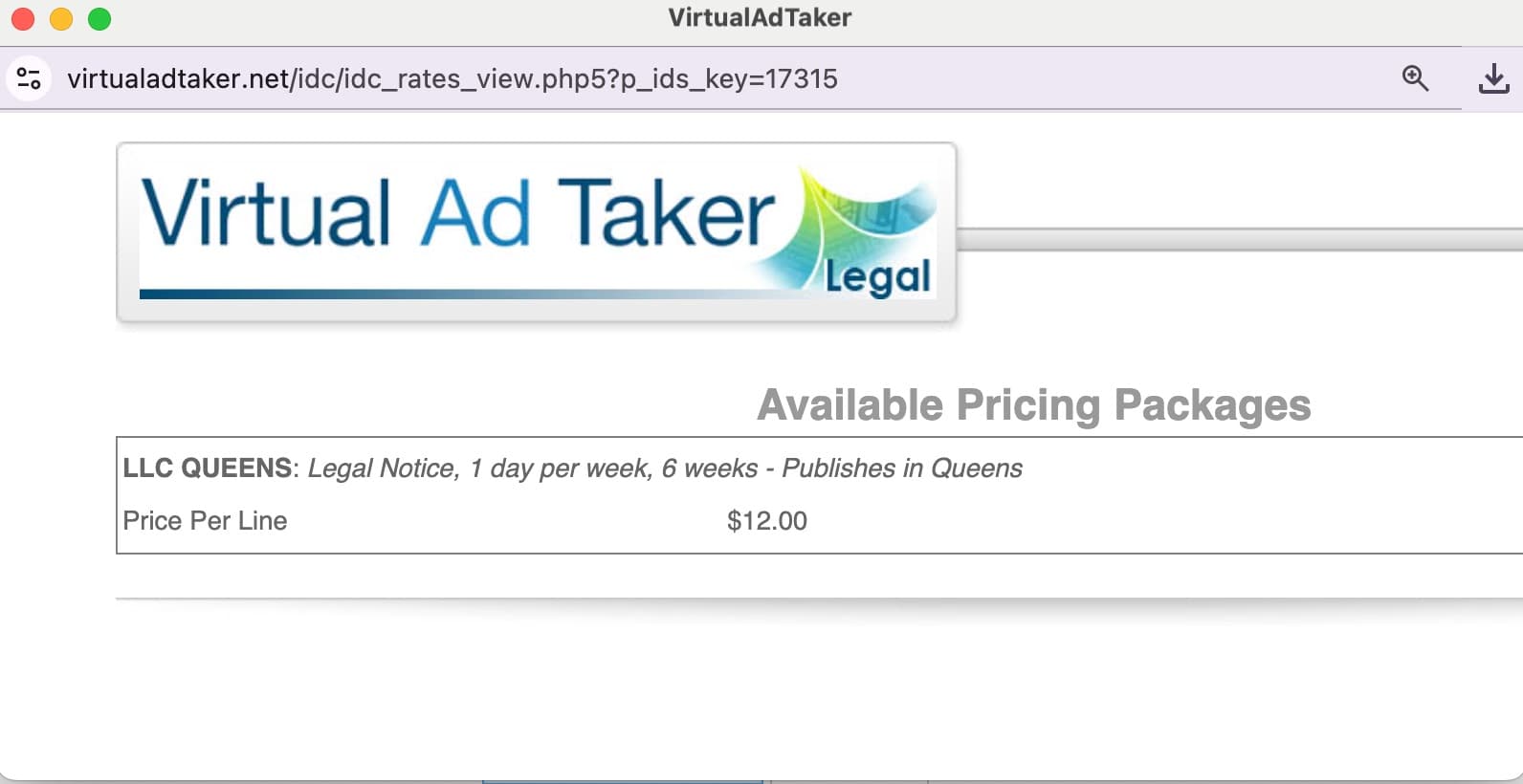 Precios de Virtual Ad Taker de Newsday para el Condado de Queens mostrando $12.00 por línea para el paquete LLC QUEENS