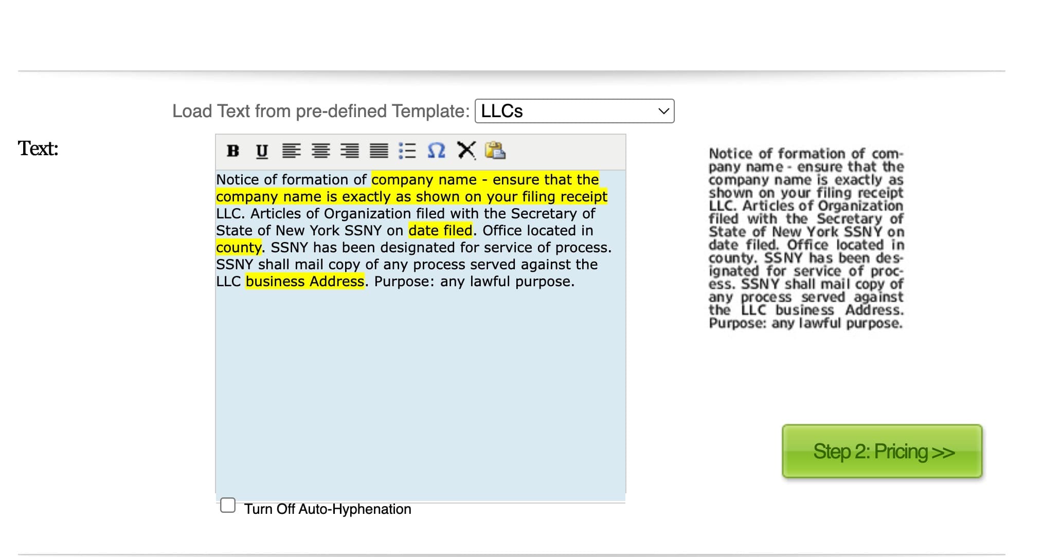 Constructor de plantillas de Virtual Ad Taker de Newsday mostrando el editor de texto del aviso de LLC con campos de marcador de posición resaltados para nombre de la empresa, fecha de presentación, condado y dirección comercial, más una vista previa en formato de periódico en vivo