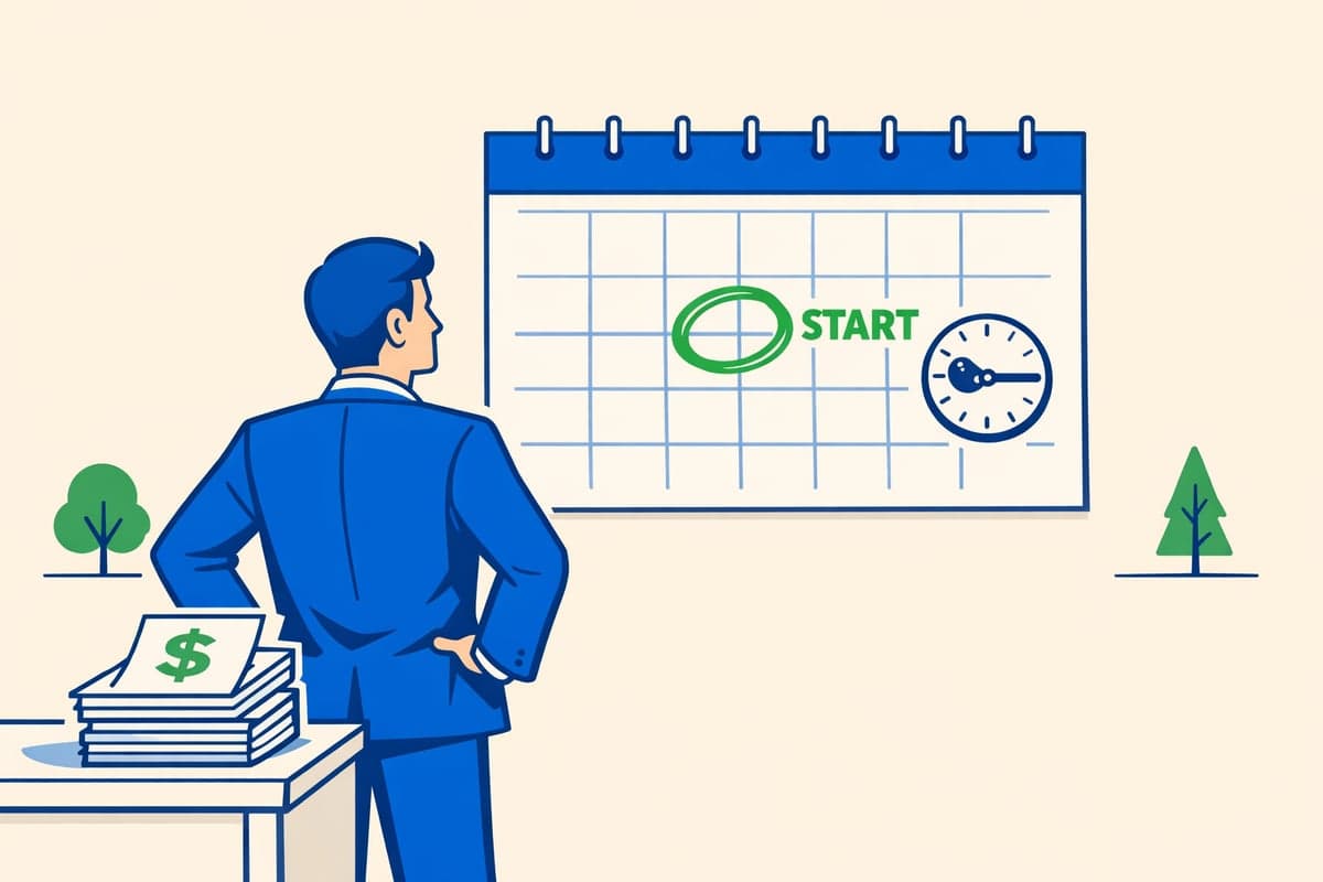 Empresario revisando un calendario y planificando el plazo de publicación de LLC con documentos y costos