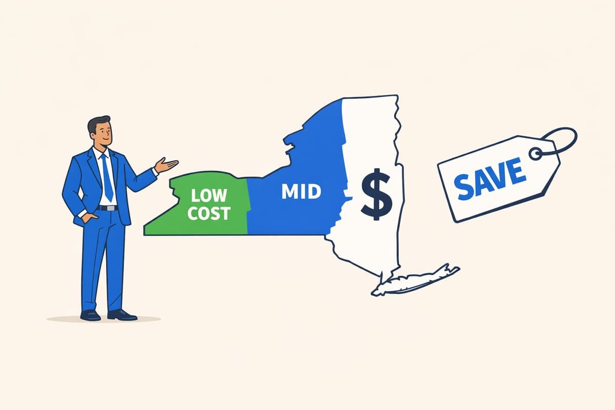 Mapa del Estado de Nueva York mostrando zonas de costos por condado para publicación de LLC desde bajo costo en el norte hasta mayor costo en NYC