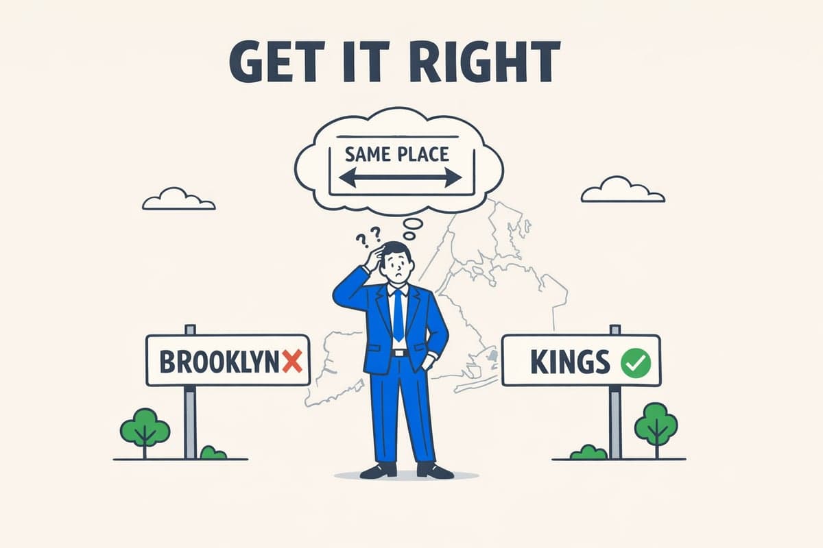 Ilustración mostrando la confusión común entre nombres de distritos y nombres de condados para la publicación de LLC