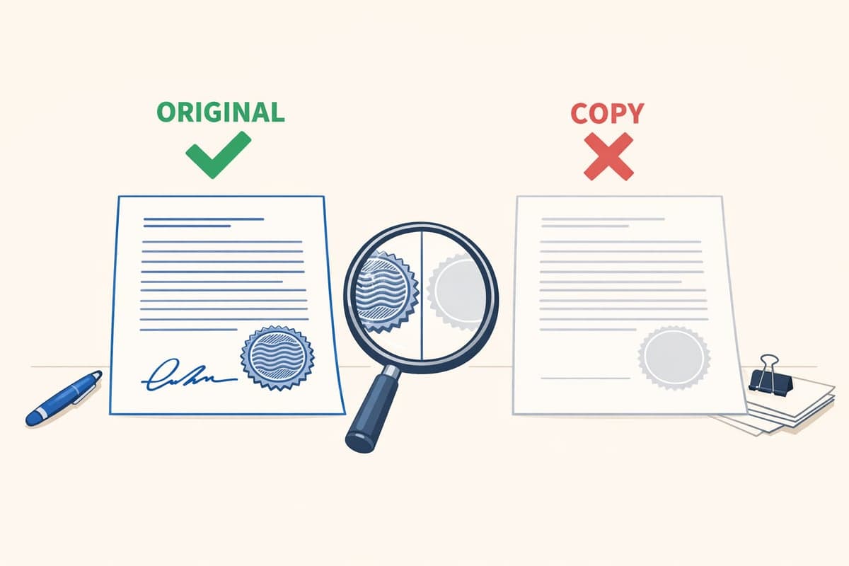 Comparación de una declaración jurada notarizada original con sello en relieve versus una fotocopia plana