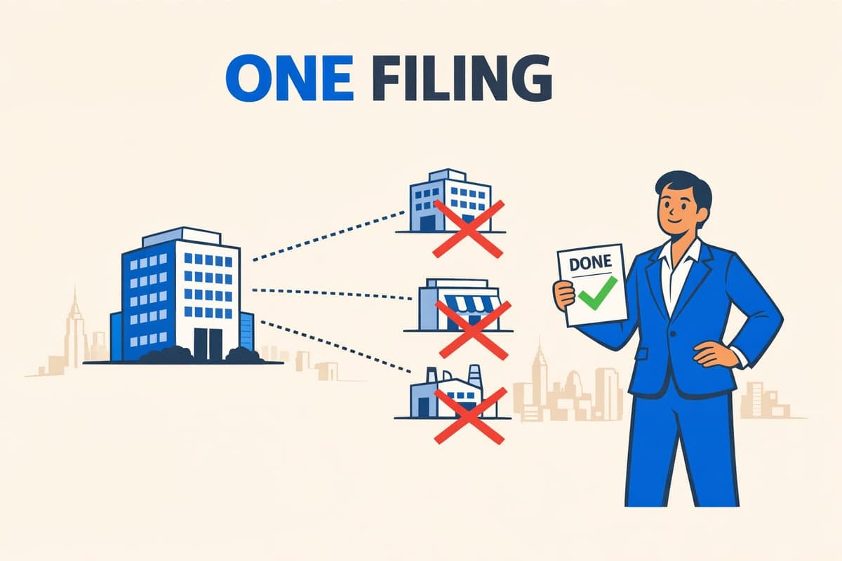 Diagram showing that New York does not recognize Series LLCs and treats them as a single entity for publication