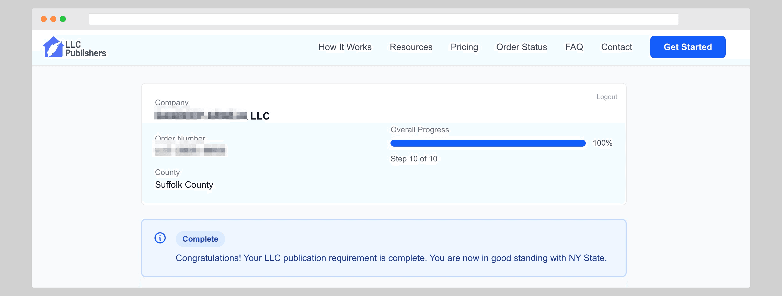 LLC Publishers customer portal showing order summary with 100% progress and completion status