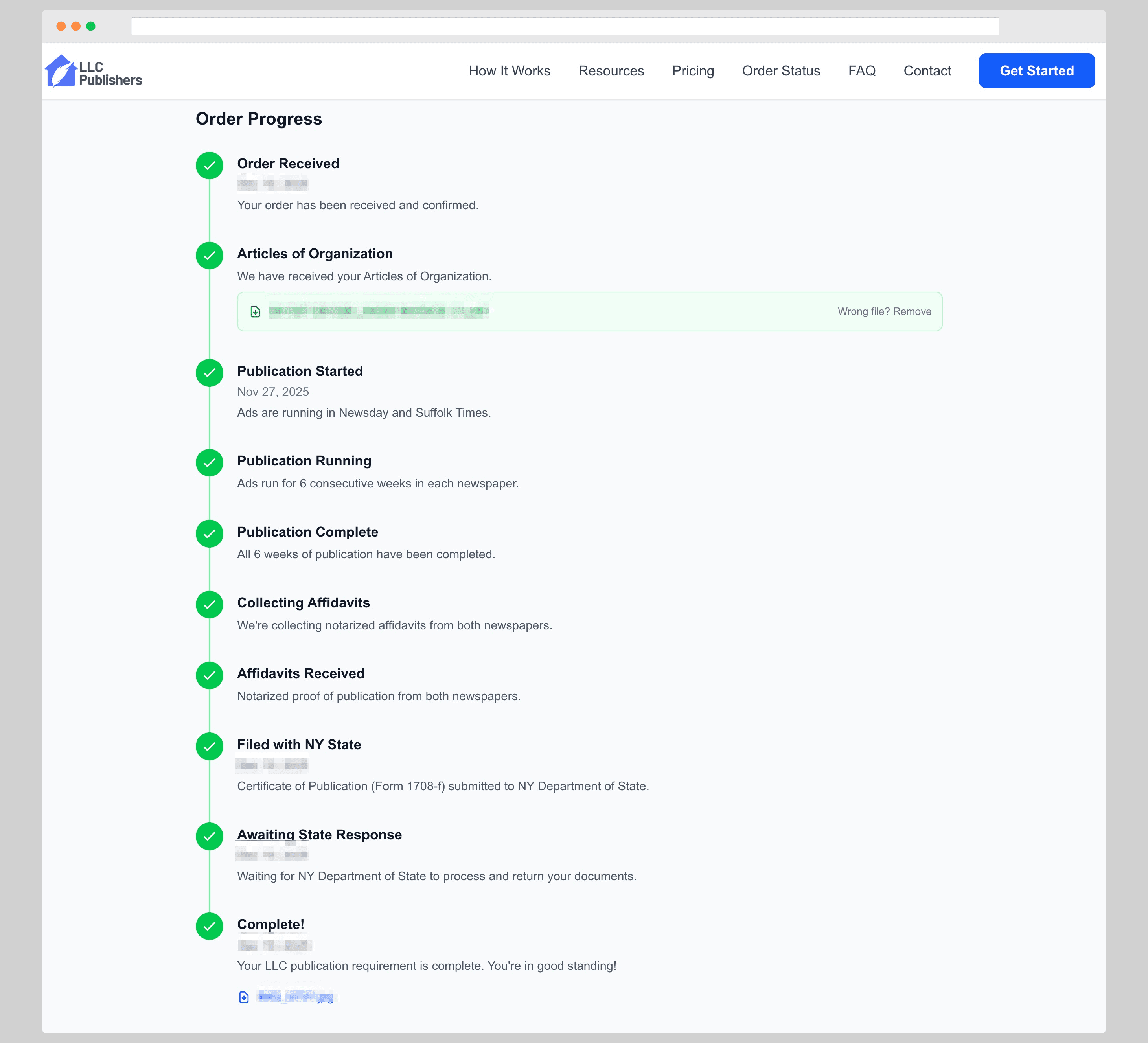 LLC publication progress timeline showing all 10 steps from order received to completion