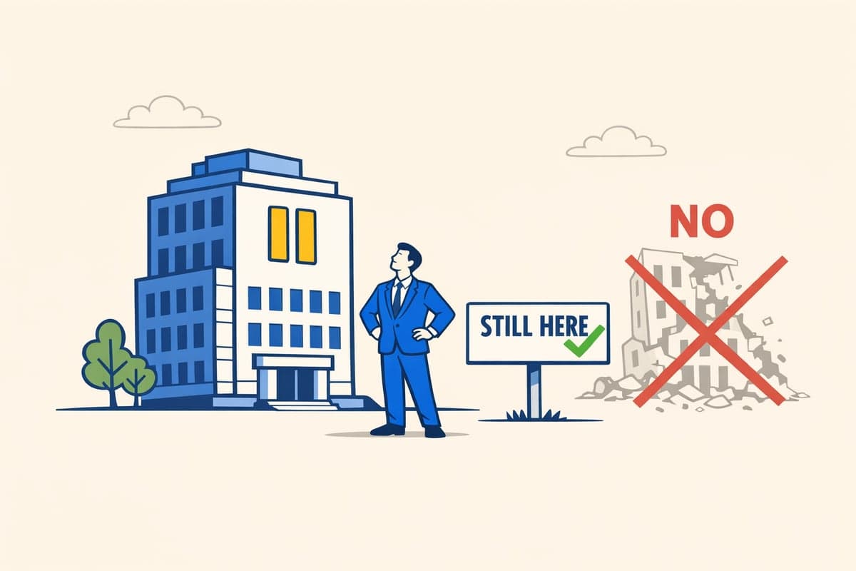 Illustration showing a strong building still standing next to a crumbled building crossed out — your LLC is suspended, not dissolved