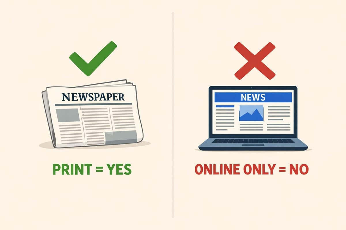 Print newspaper editions that qualify for NY LLC publication vs online-only publications that do not