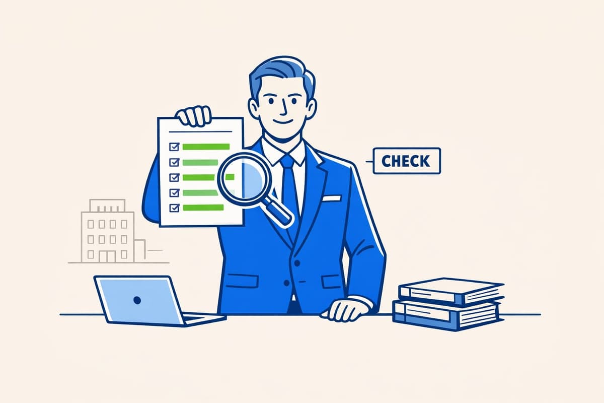 A business owner reviews a checklist of five fields on the Application for Authority with a magnifying glass