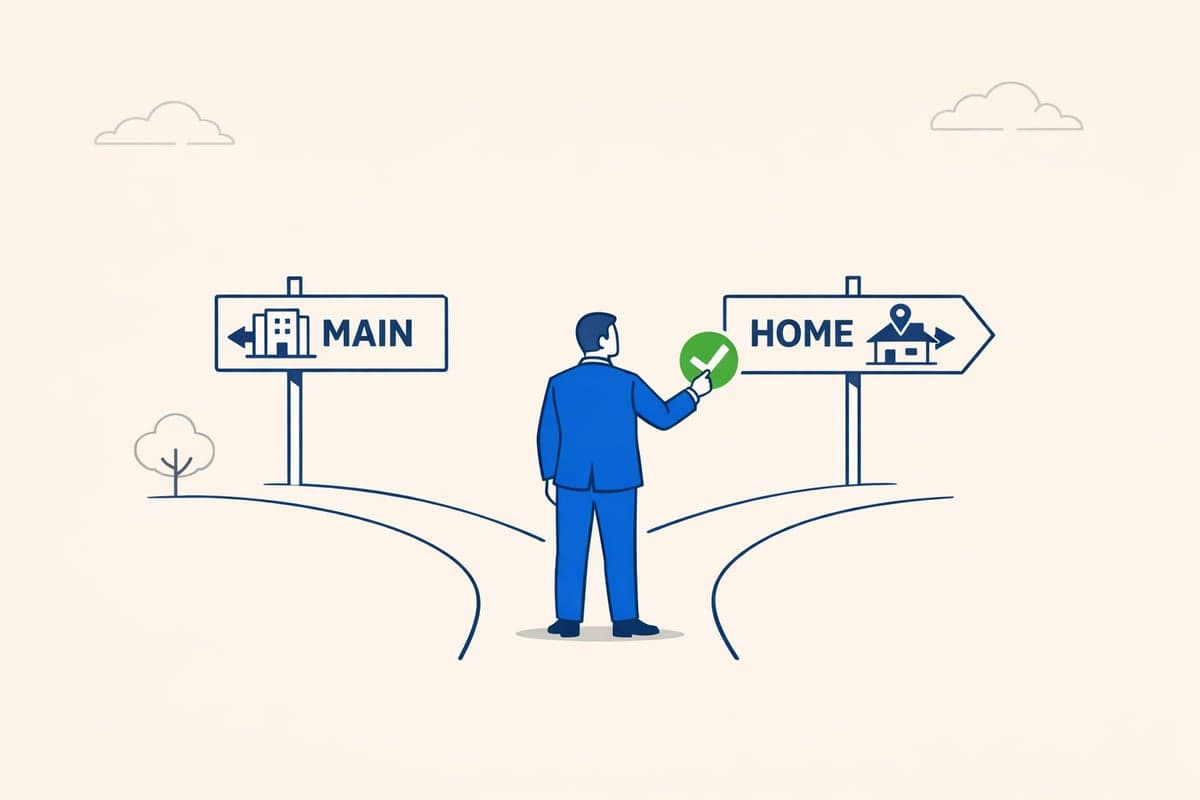 A business owner chooses between two signposts, one pointing to a home office and one to a main office, illustrating the item FIFTH either/or