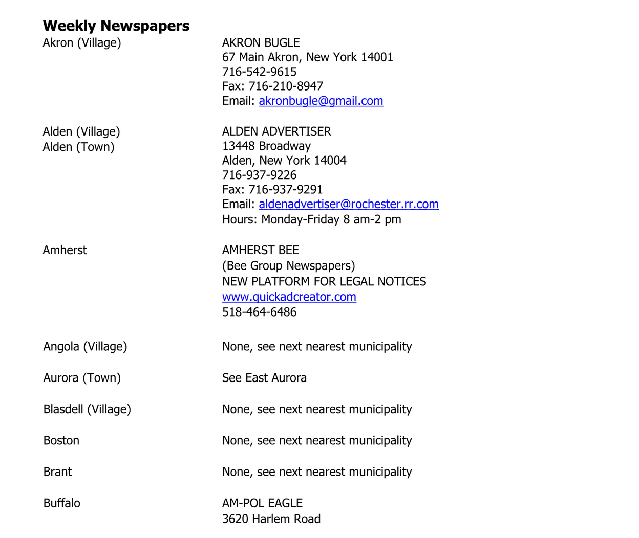Erie County Clerk's legal-publications list showing the Weekly Newspapers section, with approved weekly papers listed by town and village alongside their contact details.