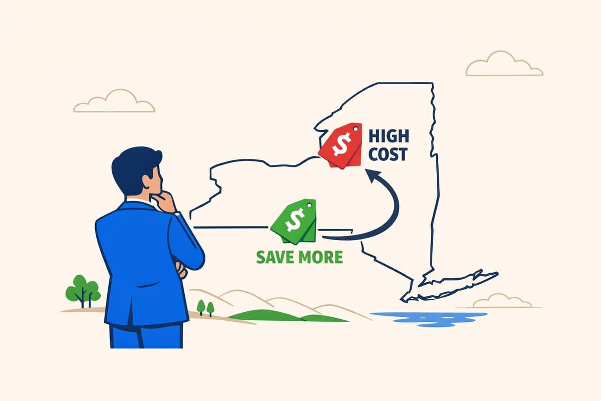Map of New York state comparing high cost and low cost LLC publication counties with save more label