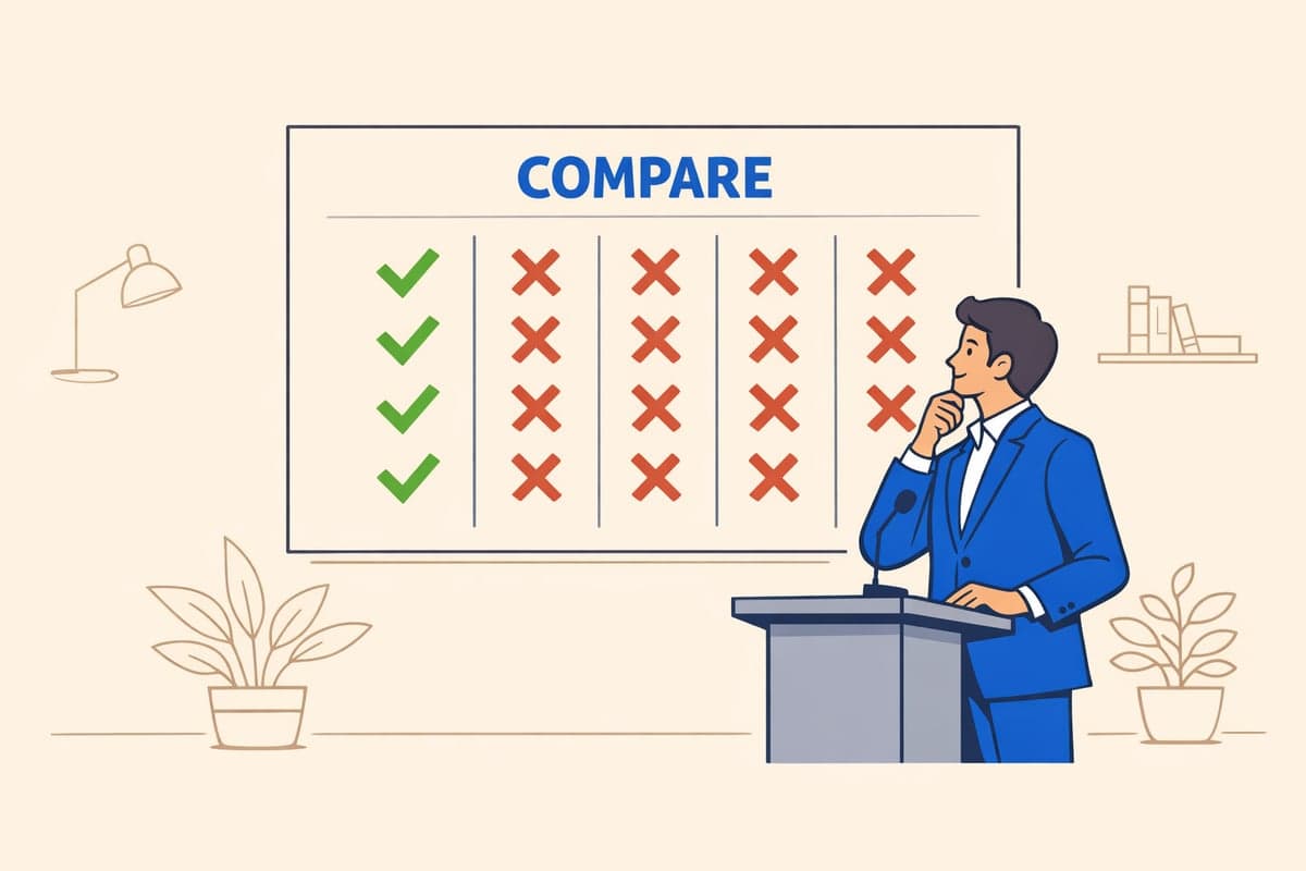 Person in blue suit comparing LLC publication services on a board with checkmarks and X marks