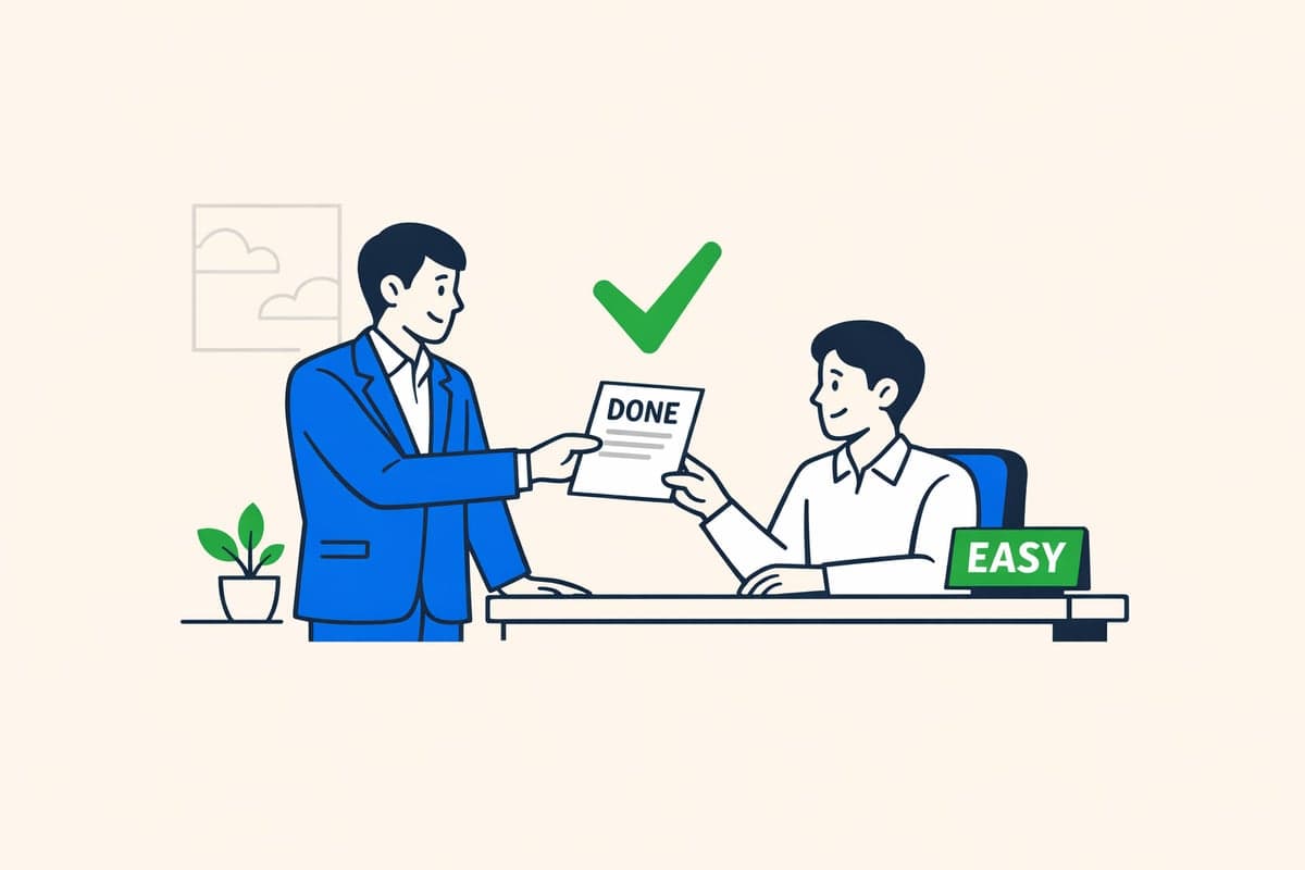 Person in blue suit handing completed LLC publication document with done checkmark to business owner