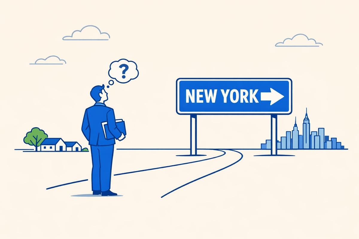 A business owner in a blue suit looks at a road sign pointing to New York, with a small town behind and the New York City skyline ahead