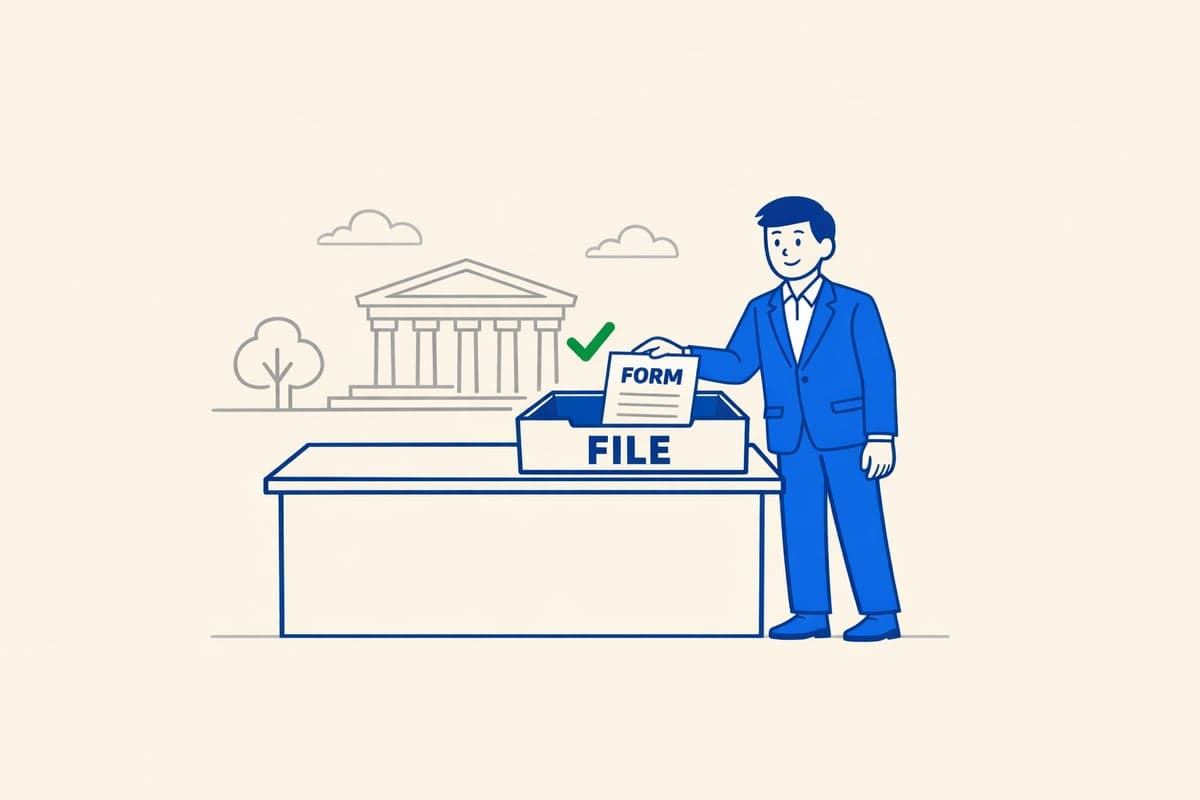 A person in a blue suit places a completed form into a filing tray in front of a government building with columns