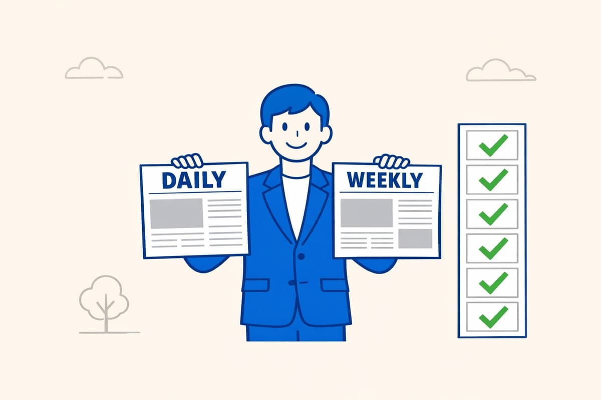 A person in a blue suit holds up a daily newspaper and a weekly newspaper beside a column of six boxes, each with a green checkmark