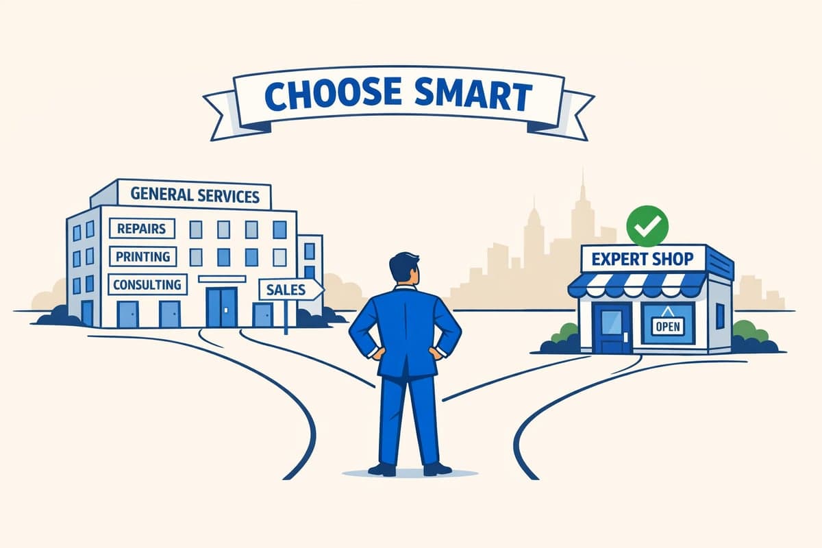 Business owner choosing between a general services building and a focused expert shop with a green checkmark