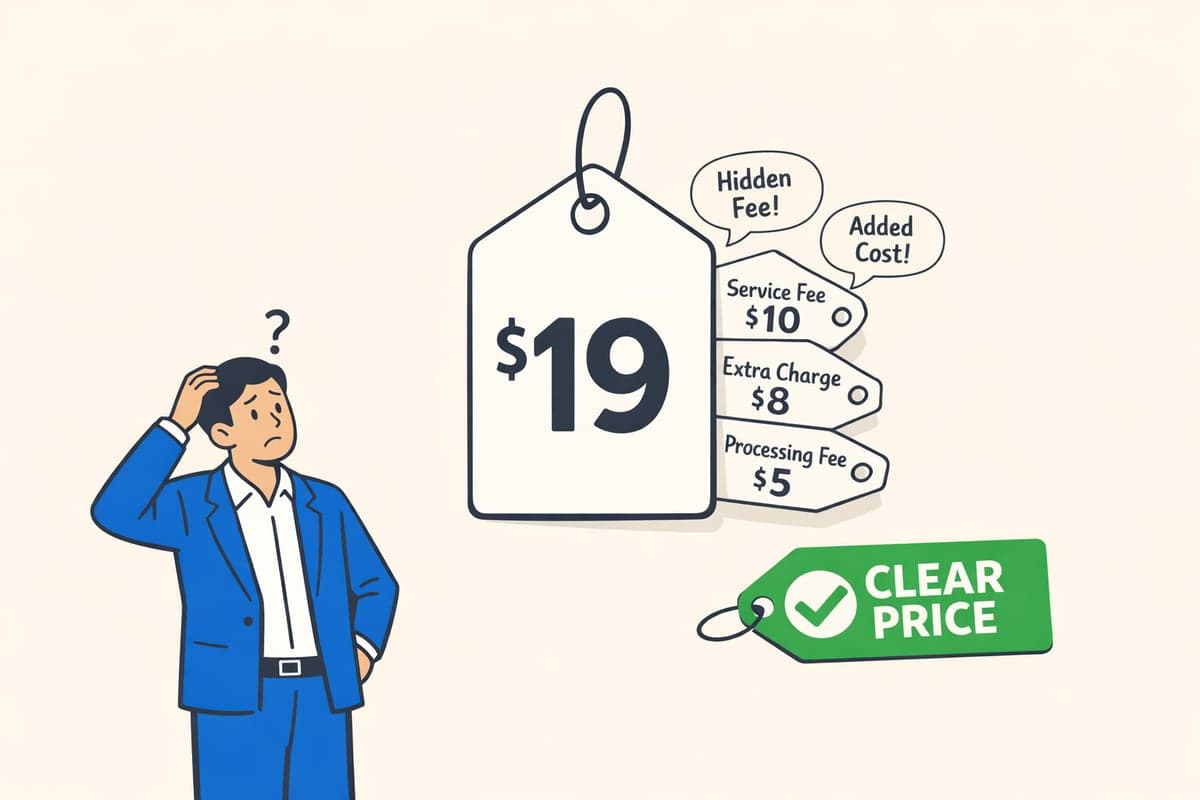 Confused business owner looking at a price tag with hidden fees popping up around it, and a clear price alternative with a green checkmark