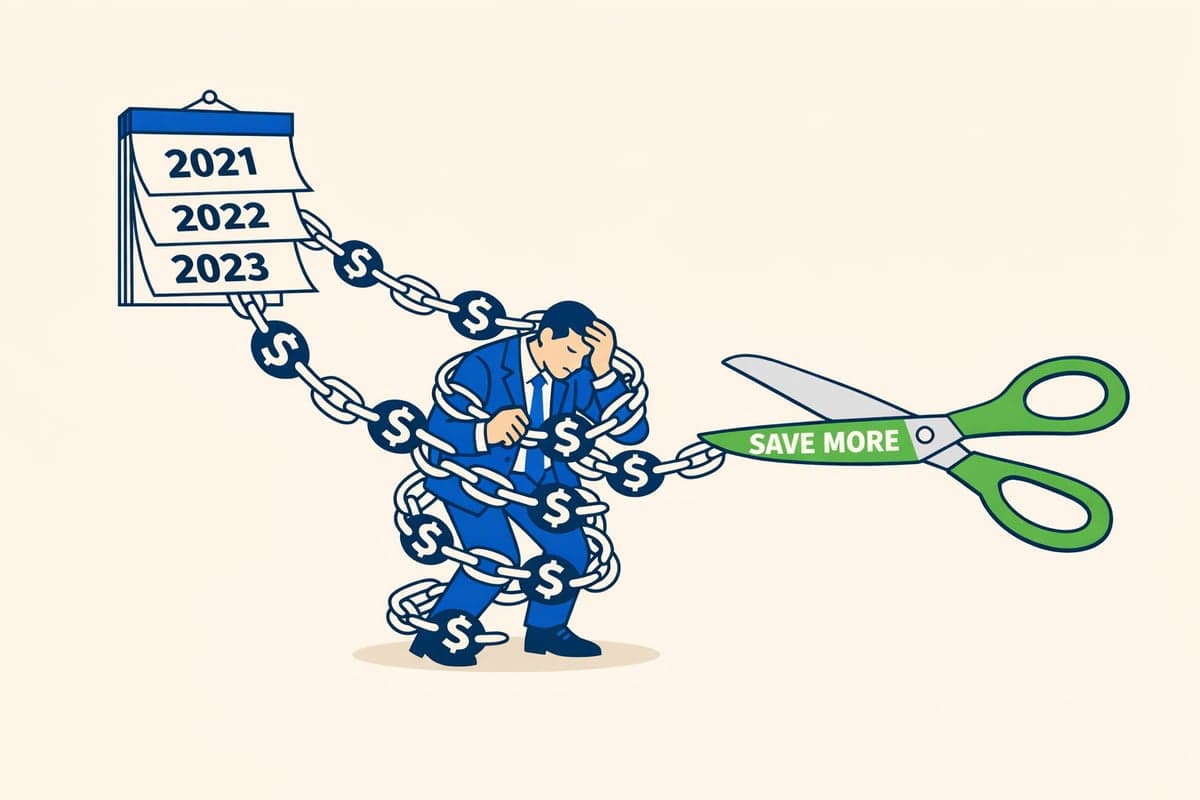 Business owner trapped in chains of recurring annual fees with dollar signs, while scissors labeled Save More offer freedom