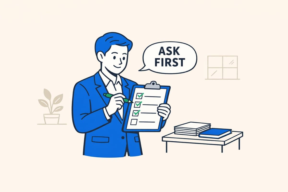 Business owner confidently checking off items on a clipboard with a speech bubble saying Ask First