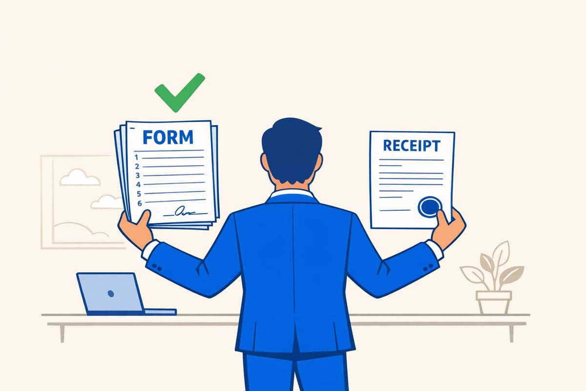 A business owner compares a multi-page form with numbered statements against a one-page state receipt on a desk