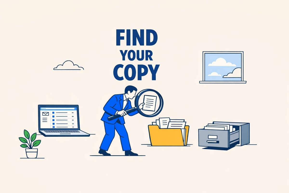 A person in a blue suit searches an email inbox, a folder and a filing cabinet with a magnifying glass for a saved copy of the application